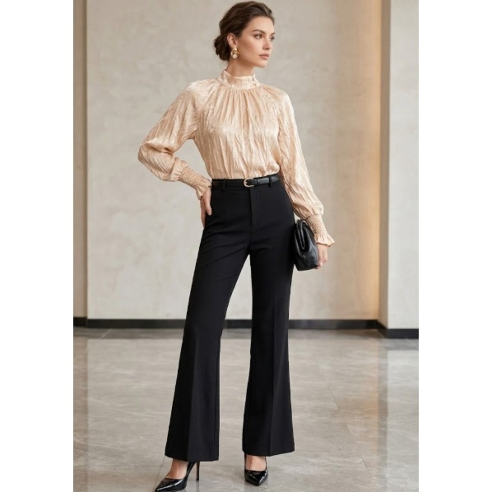 ANDION High Neck Blouse Champagne Gold One Size  Long Puff Sleeve Top